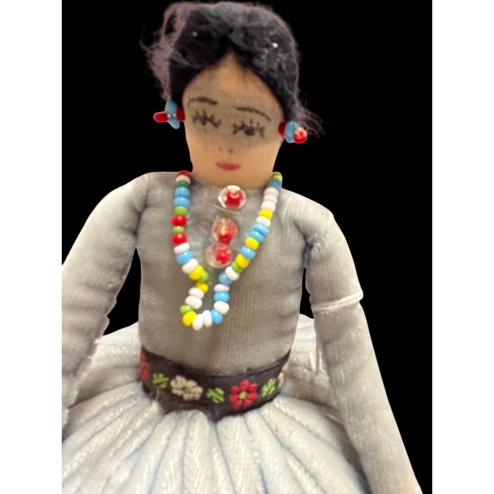 Possibly Handcrafted in  Guatemala Cloth Doll pin cushion With Bead Necklace & E